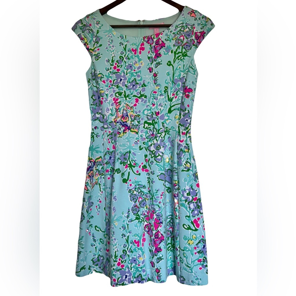 Lilly Pulitzer Brielle Dress Pool Blue Lucky Charm Floral Fit Flare Ponte XS